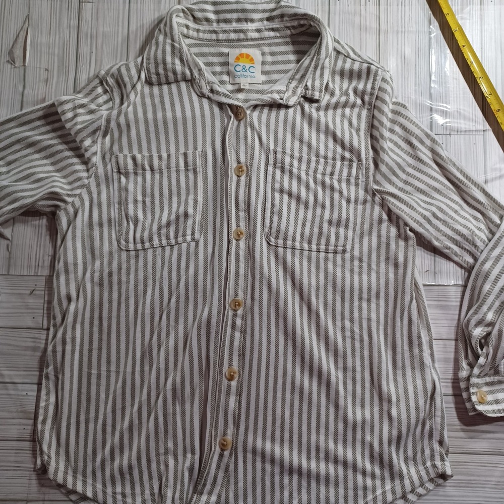 C&C California Mens Striped Button Down Shirt Olive Green White Size Large